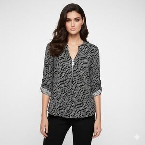 Michael‎ Kors Blouse Womens M Black White Chainlink Print Monochrome Tunic Shirt